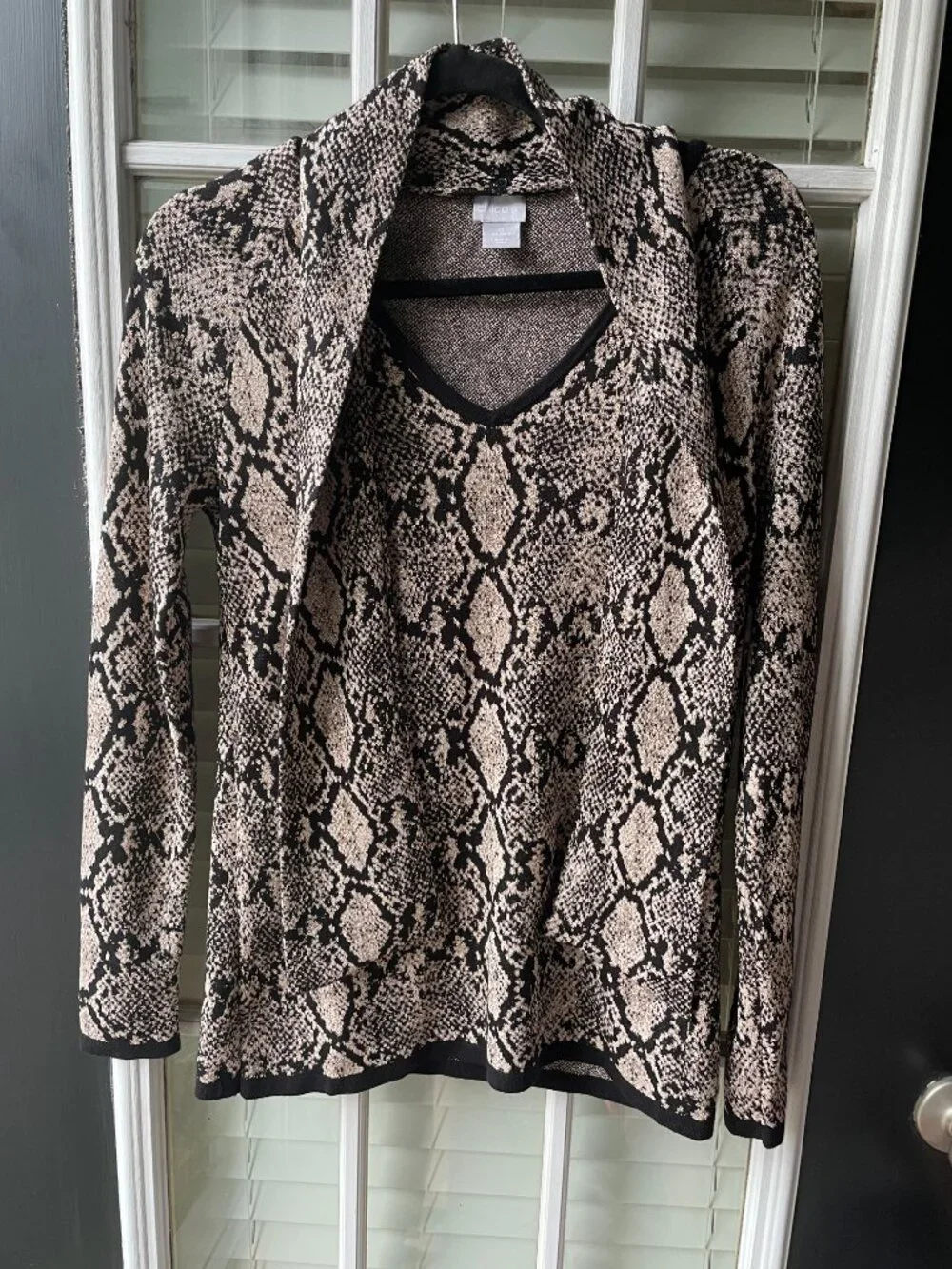 Chico’s Python Print Tie Neck Double Espresso Sweater-NWT